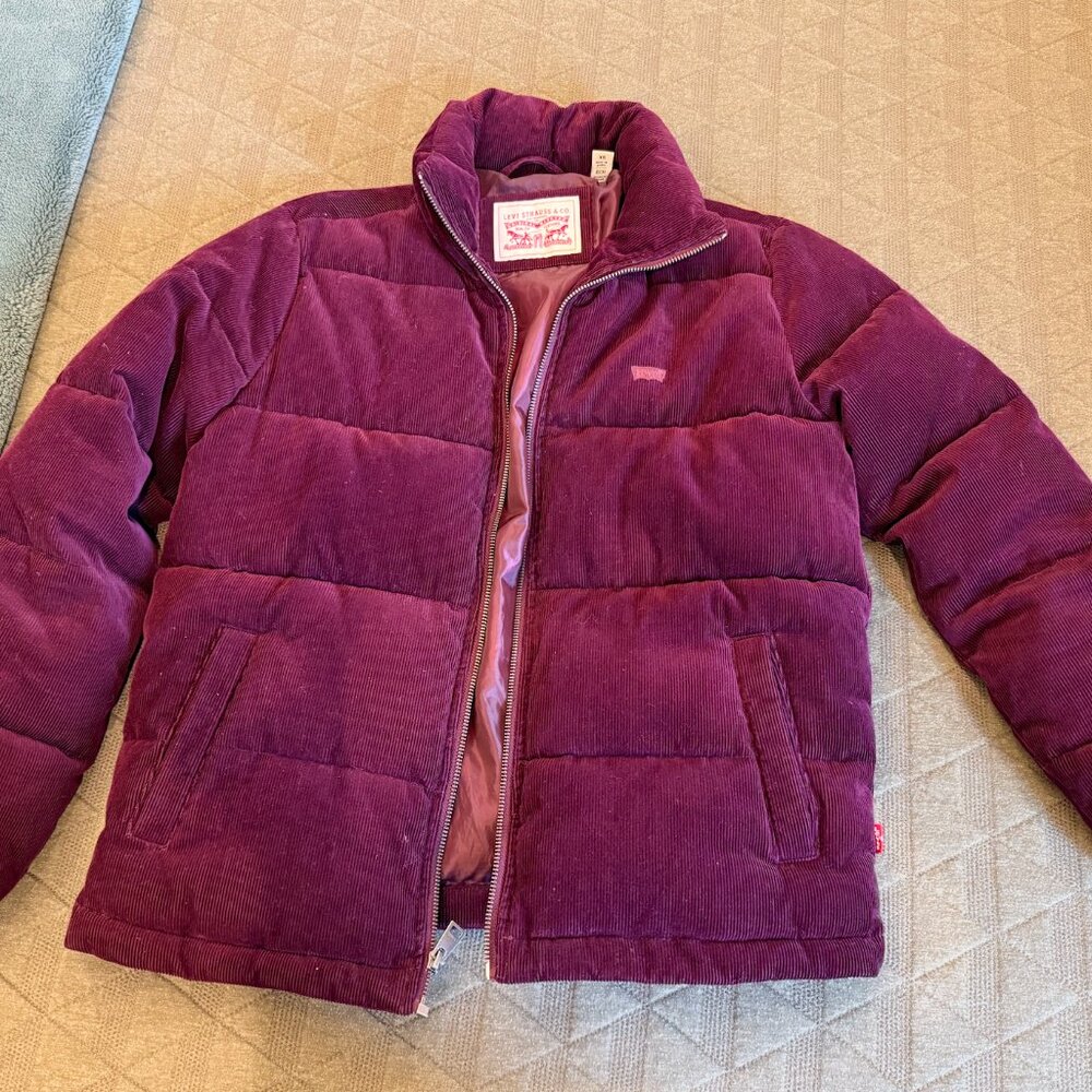 Levi's Women’s Zoe Corduroy Quilted Puffer Jacket Coat, Burgundy, XS